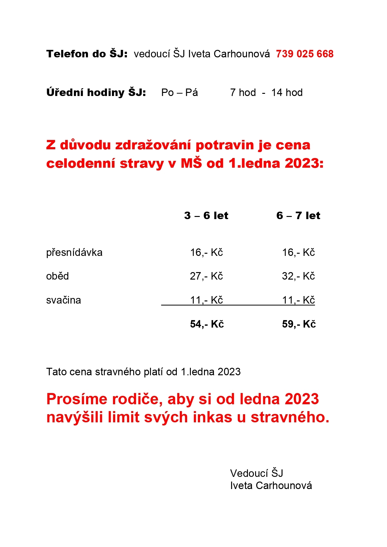 Ceny stravného od 1.1.2023