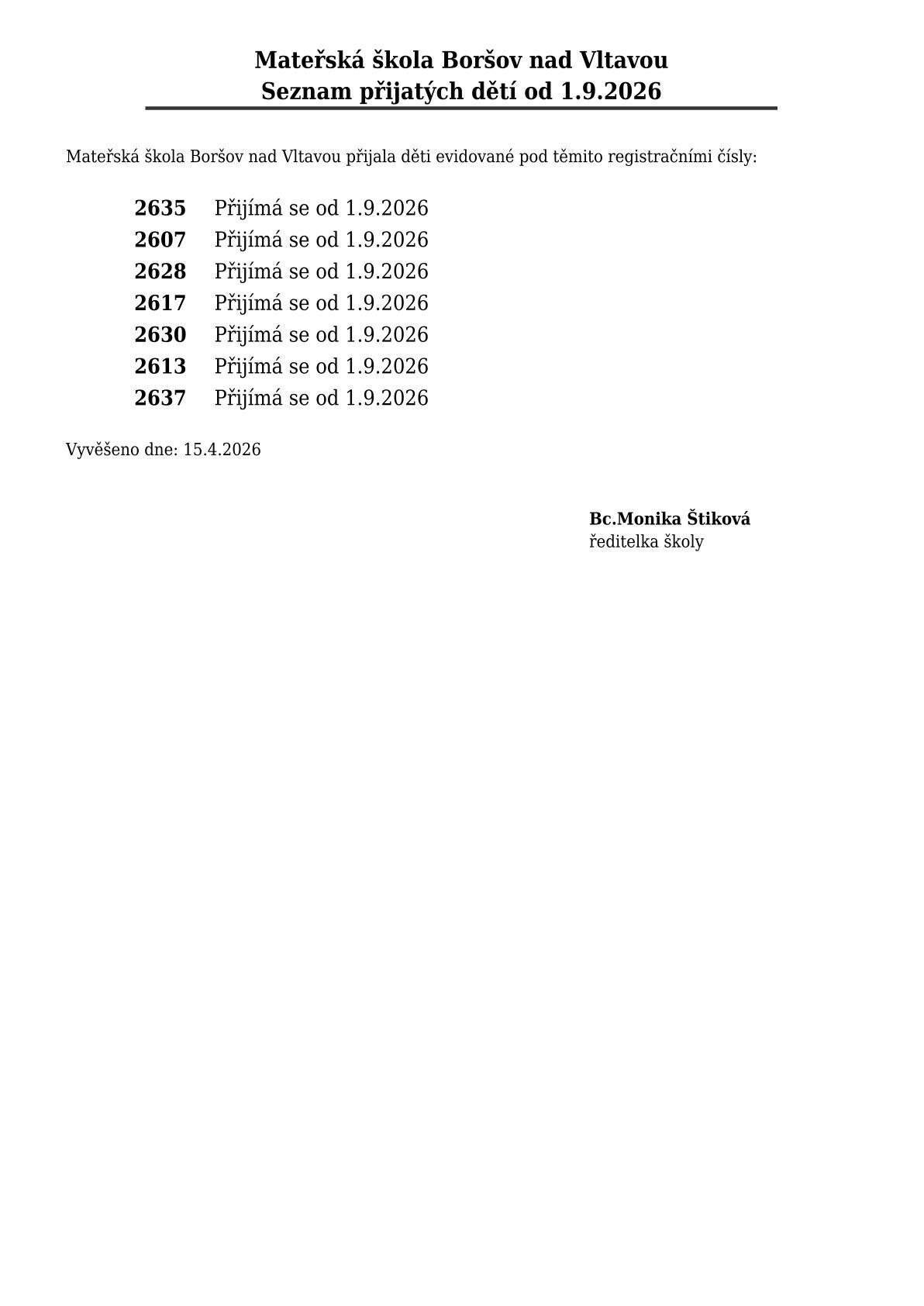 Rozhodnutí o přijetí dětí do MŠ Boršov nad Vltavou pro školní rok 2026/2027
