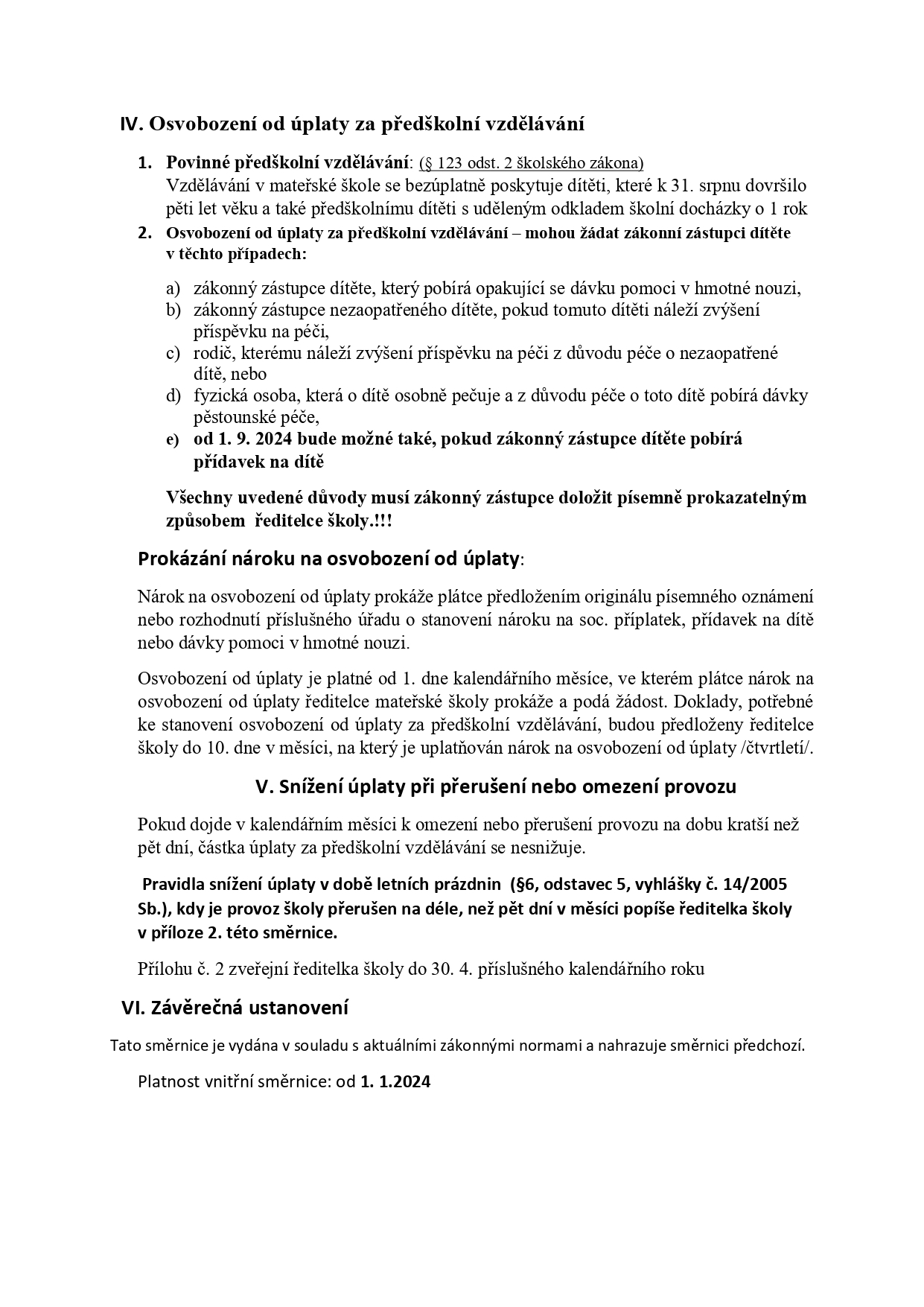 Směrnice ke stanovení výše úplaty za předškolní vzdělávání dítěte v mateřské škole