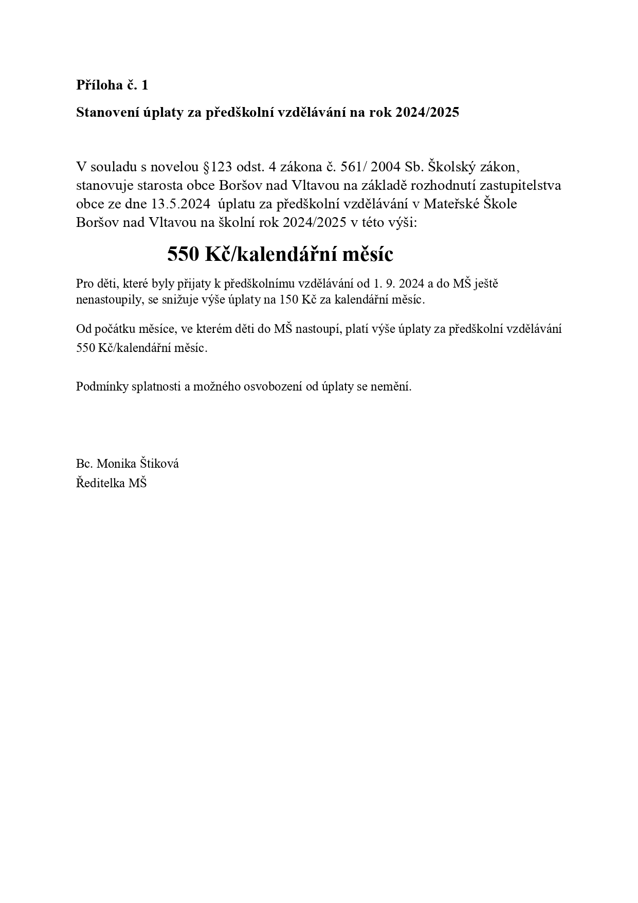 Směrnice ke stanovení výše úplaty za předškolní vzdělávání dítěte v mateřské škole